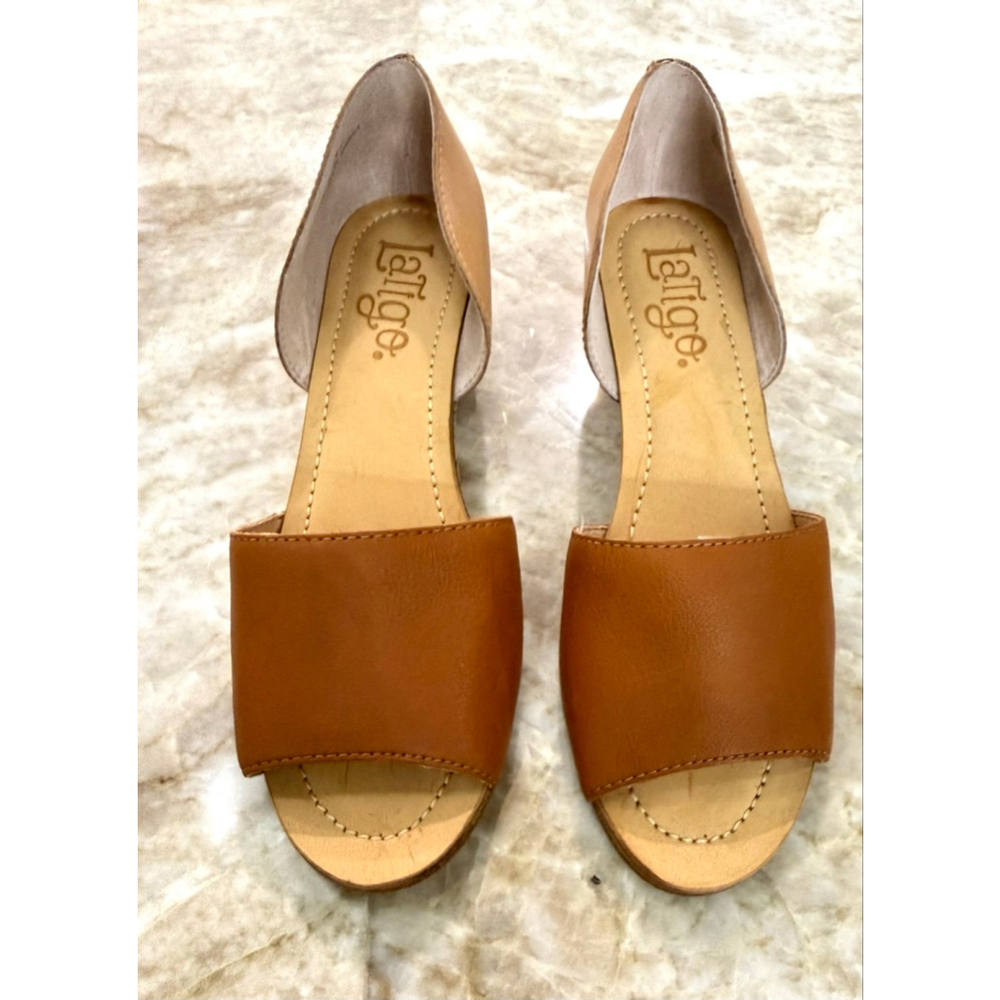 Latigo Brown leather Beige Cork Wedge Sandals Size 8. Peep toe